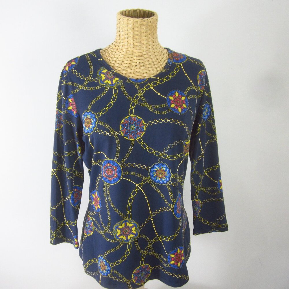 J Mclaughlin Womens M Navy Blue Nylon Spandex Stretch Knit 3/4 Sleeve Shirt Top